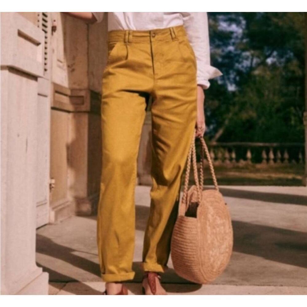 Sezane Manu Linen Blend Trousers Curry / Mustard Yellow Size 36/US 4